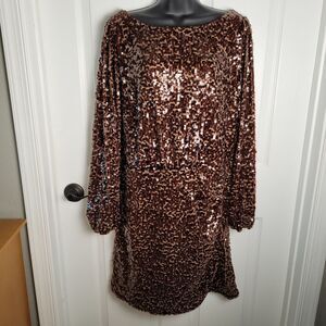 Loft Dress 14 Brown Sequined Open Back Cutout Fitted Mini Glam Evening Wedding